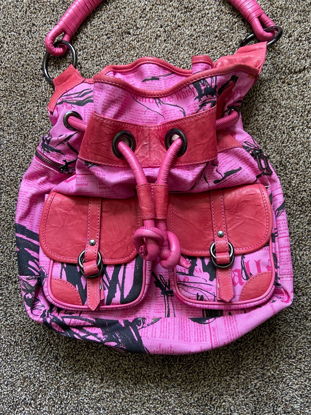 Vintage John Galliano Pink Newspaper Print Leather/Canvas Shoulder Slouchy Bag - Picture 2 of 15